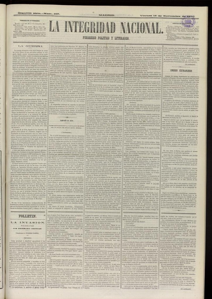 Miniatura de La Integridad Nacional: periódico político del 18 de noviembre de 1870, nº 167