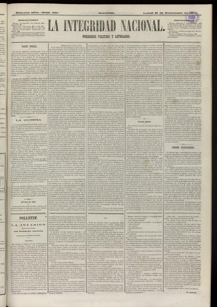 Miniatura de La Integridad Nacional: periódico político del 21 de noviembre de 1870, nº 169