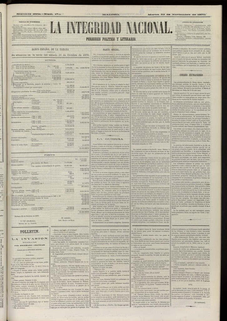 Miniatura de La Integridad Nacional: periódico político del 22 de noviembre de 1870, nº 170