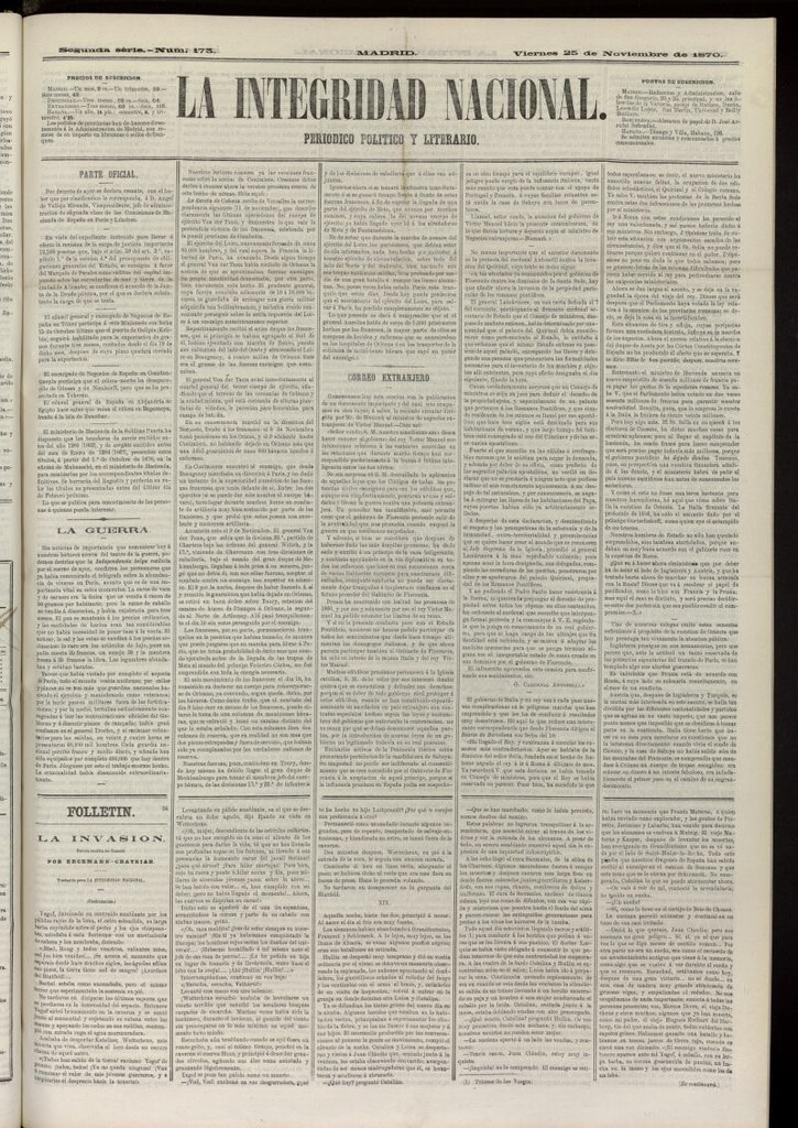 Miniatura de La Integridad Nacional: periódico político del 25 de noviembre de 1870, nº 173