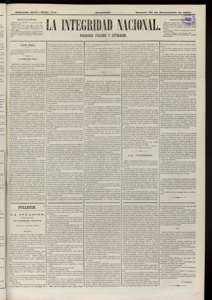 Miniatura de La Integridad Nacional: periódico político del 26 de noviembre de 1870, nº 174