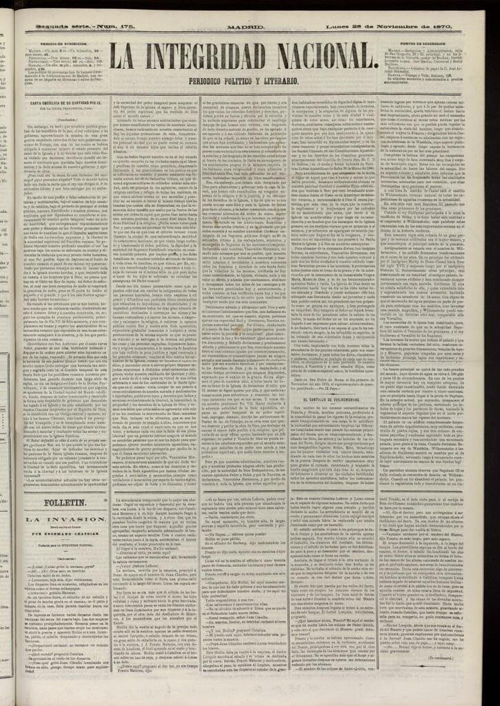 Miniatura de La Integridad Nacional: periódico político del 28 de noviembre de 1870, nº 175