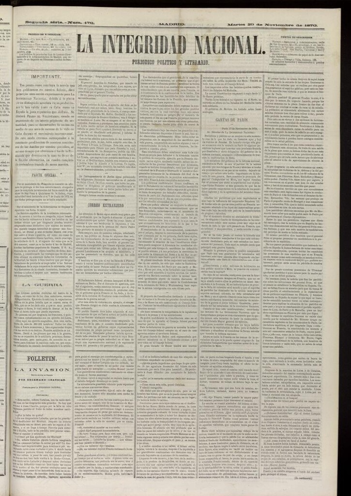 Miniatura de La Integridad Nacional: periódico político del 29 de noviembre de 1870, nº 176