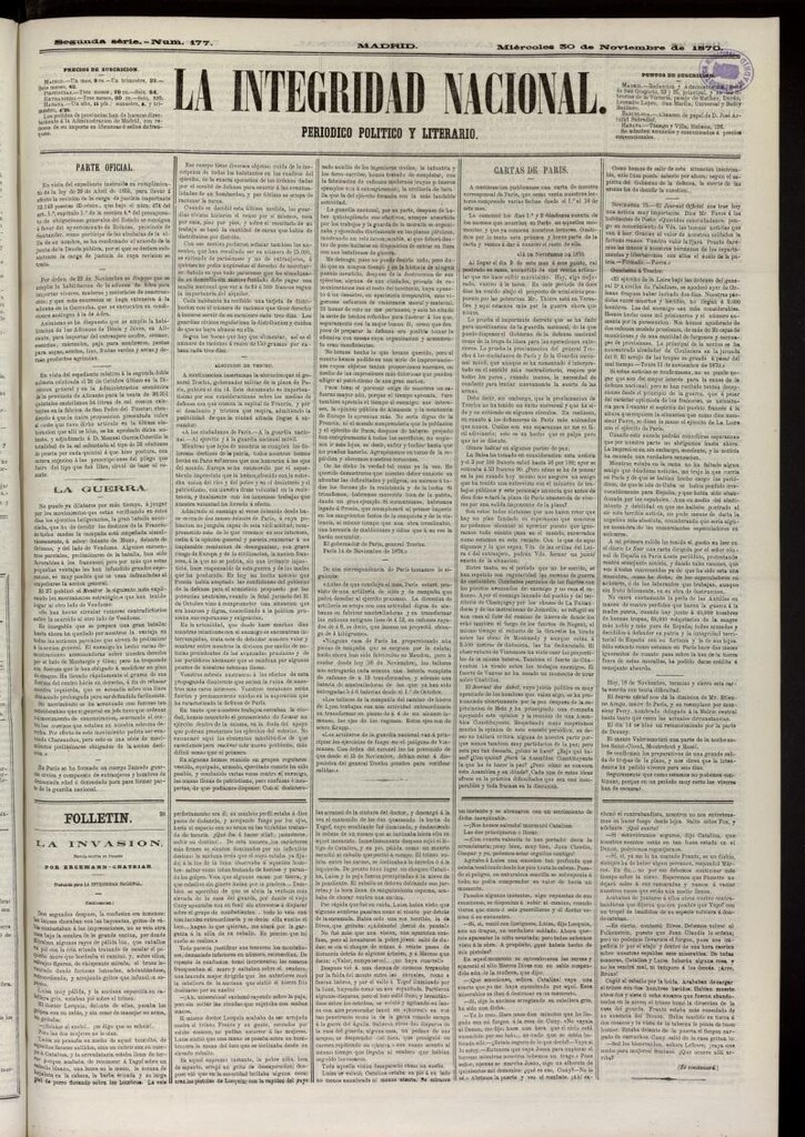 Miniatura de La Integridad Nacional: periódico político del 30 de noviembre de 1870, nº 177