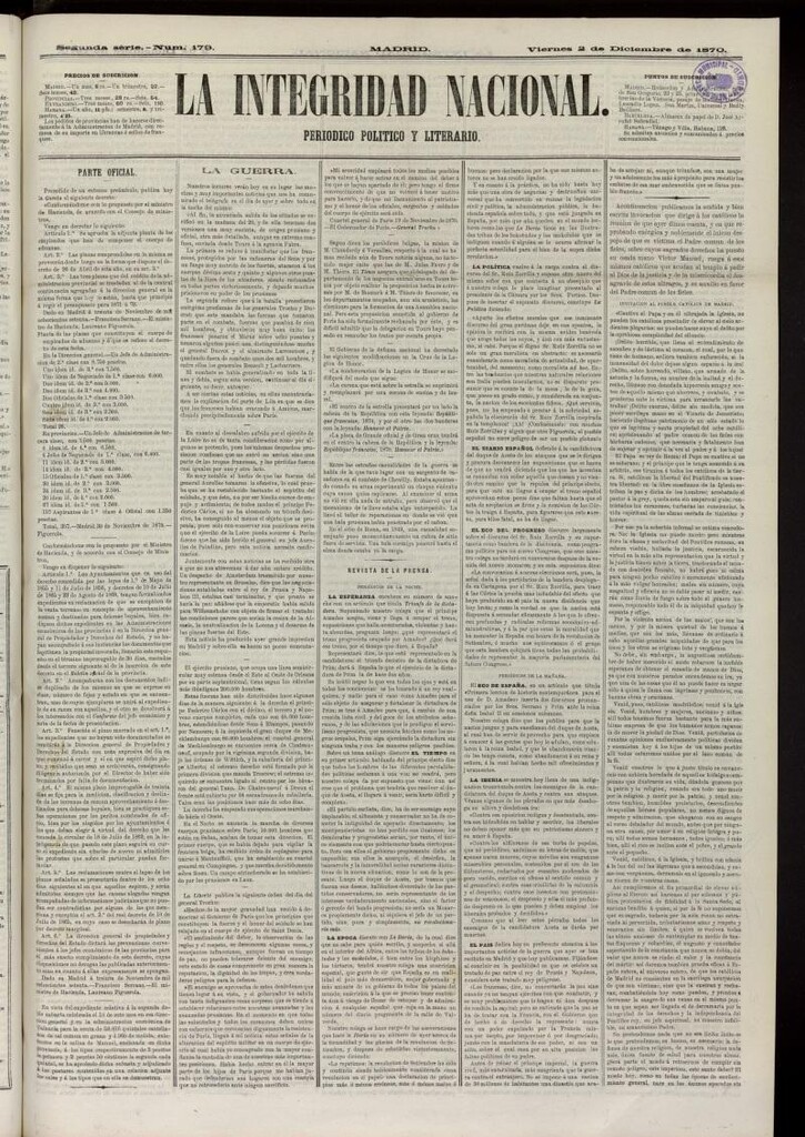 Miniatura de La Integridad Nacional: periódico político del 2 de diciembre de 1870, nº 179