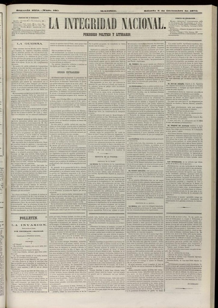 Miniatura de La Integridad Nacional: periódico político del 3 de diciembre de 1870, nº 180