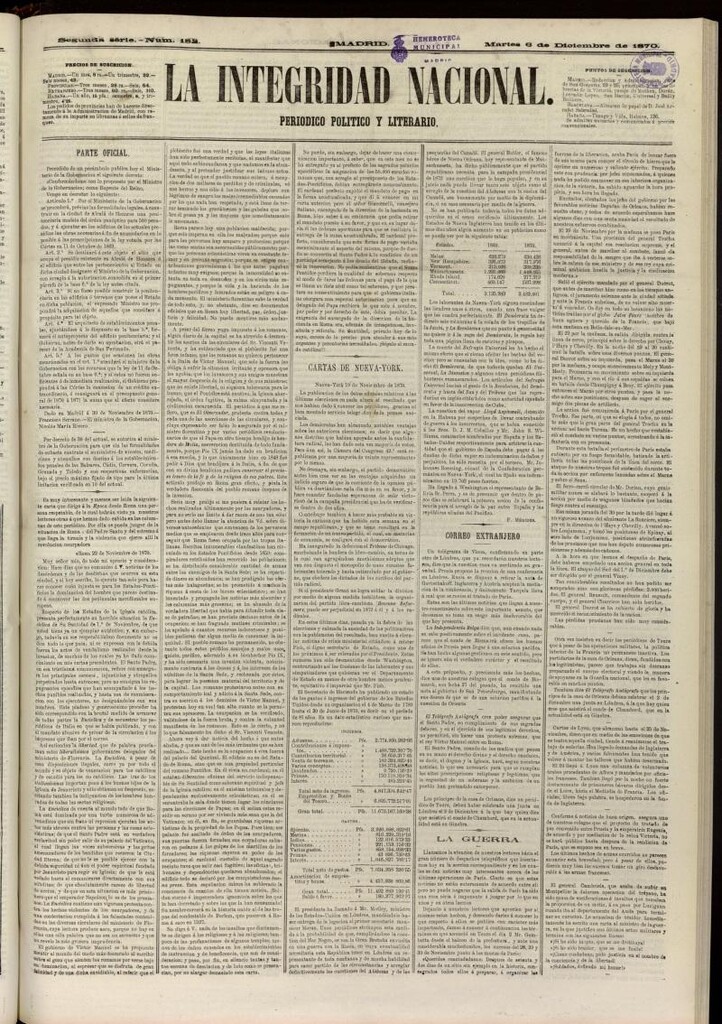Miniatura de La Integridad Nacional: periódico político del 6 de diciembre de 1870, nº 182