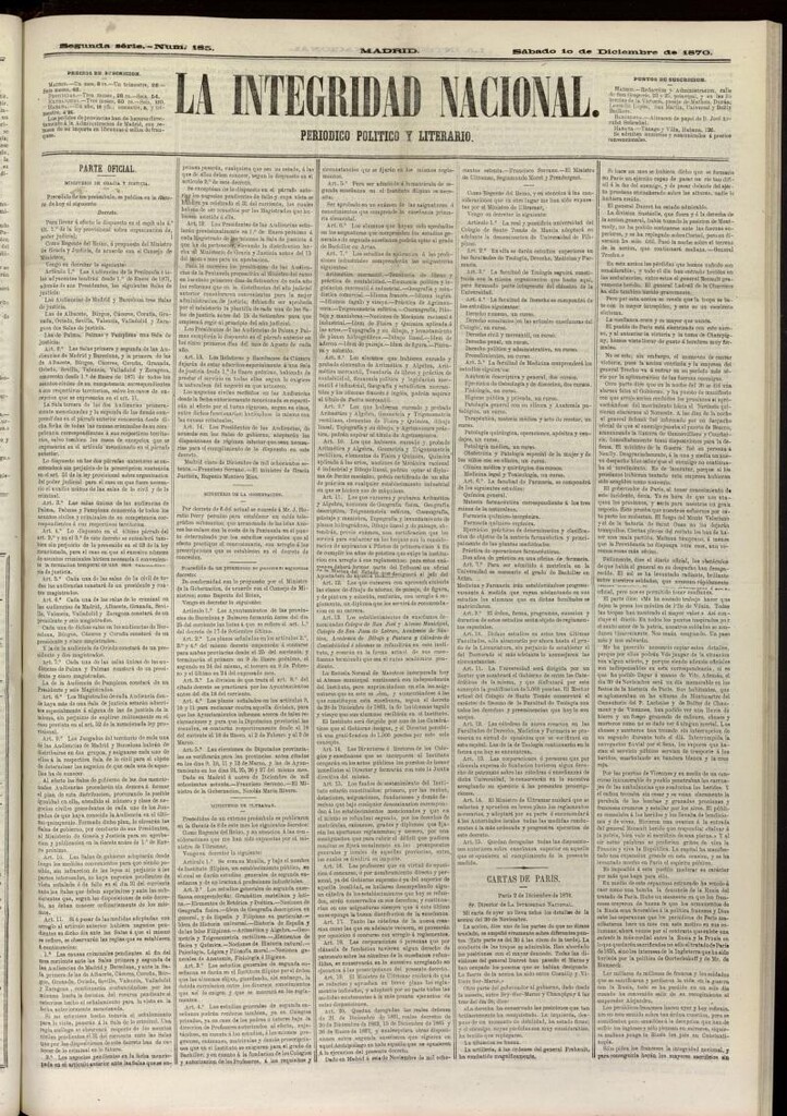 Miniatura de La Integridad Nacional: periódico político del 10 de diciembre de 1870, nº 185