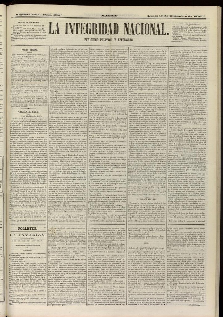 Miniatura de La Integridad Nacional: periódico político del 12 de diciembre de 1870, nº 186