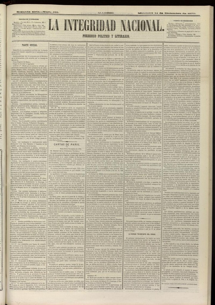 Miniatura de La Integridad Nacional: periódico político del 14 de diciembre de 1870, nº 188