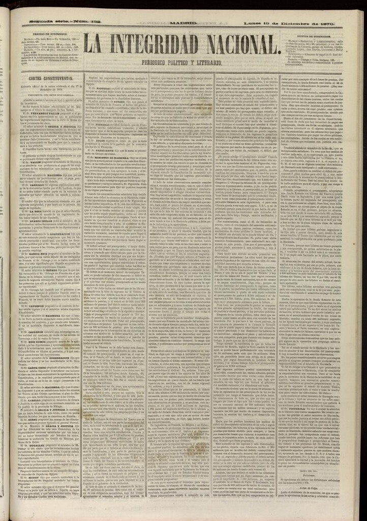 Miniatura de La Integridad Nacional: periódico político del 19 de diciembre de 1870, nº 192