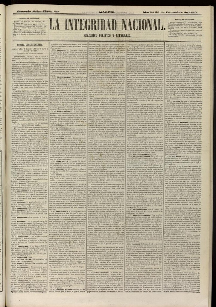 Miniatura de La Integridad Nacional: periódico político del 20 de diciembre de 1870, nº 193