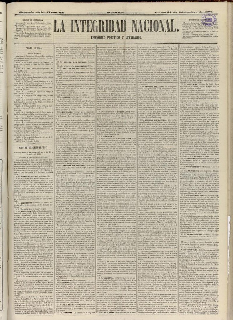 Miniatura de La Integridad Nacional: periódico político del 22 de diciembre de 1870, nº 195