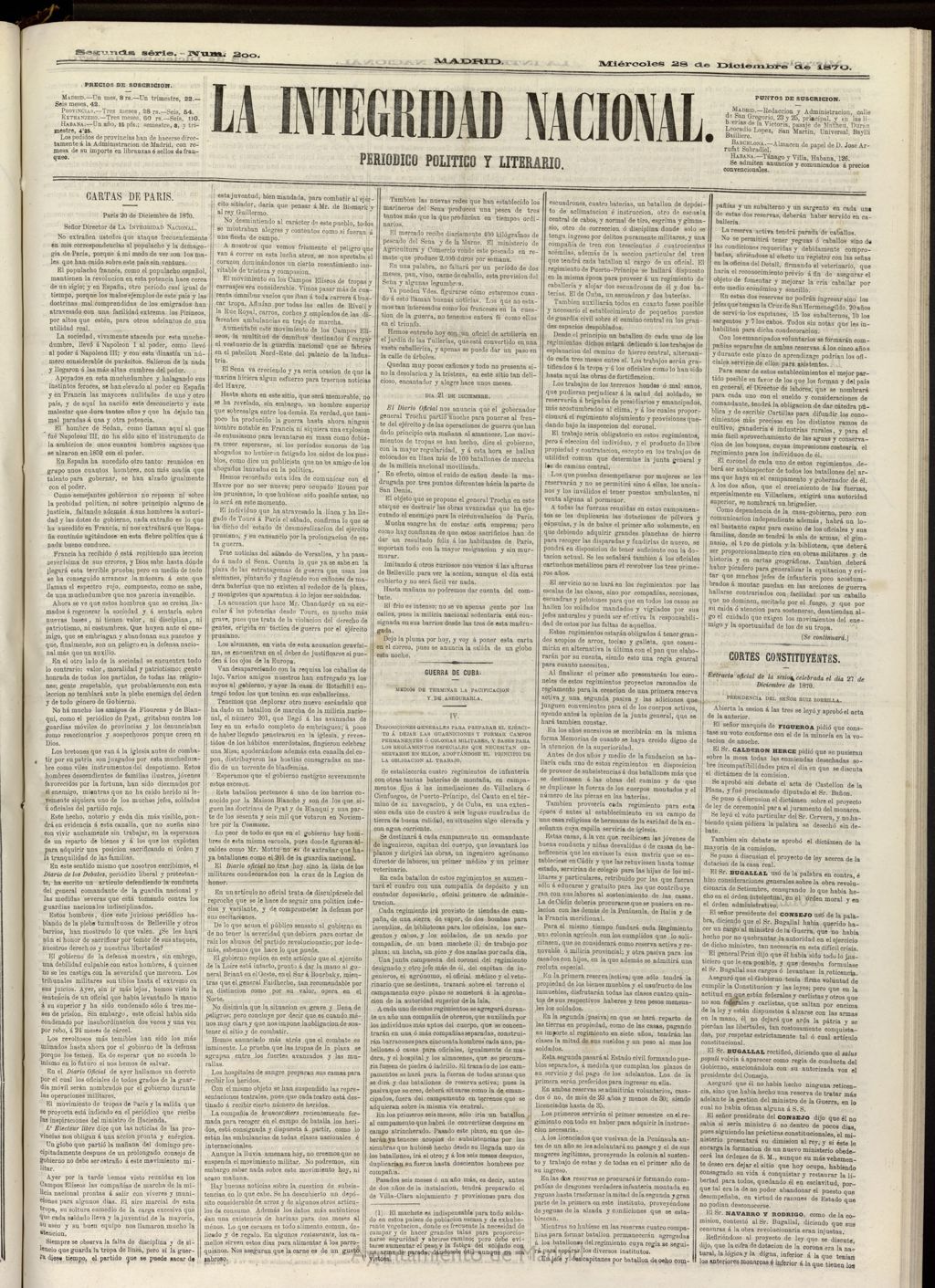 Miniatura de La Integridad Nacional: periódico político del 28 de diciembre de 1870, nº 200