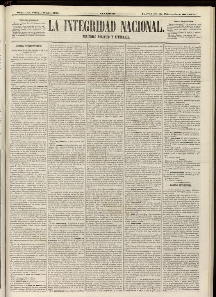 Miniatura de La Integridad Nacional: periódico político del 29 de diciembre de 1870, nº 201