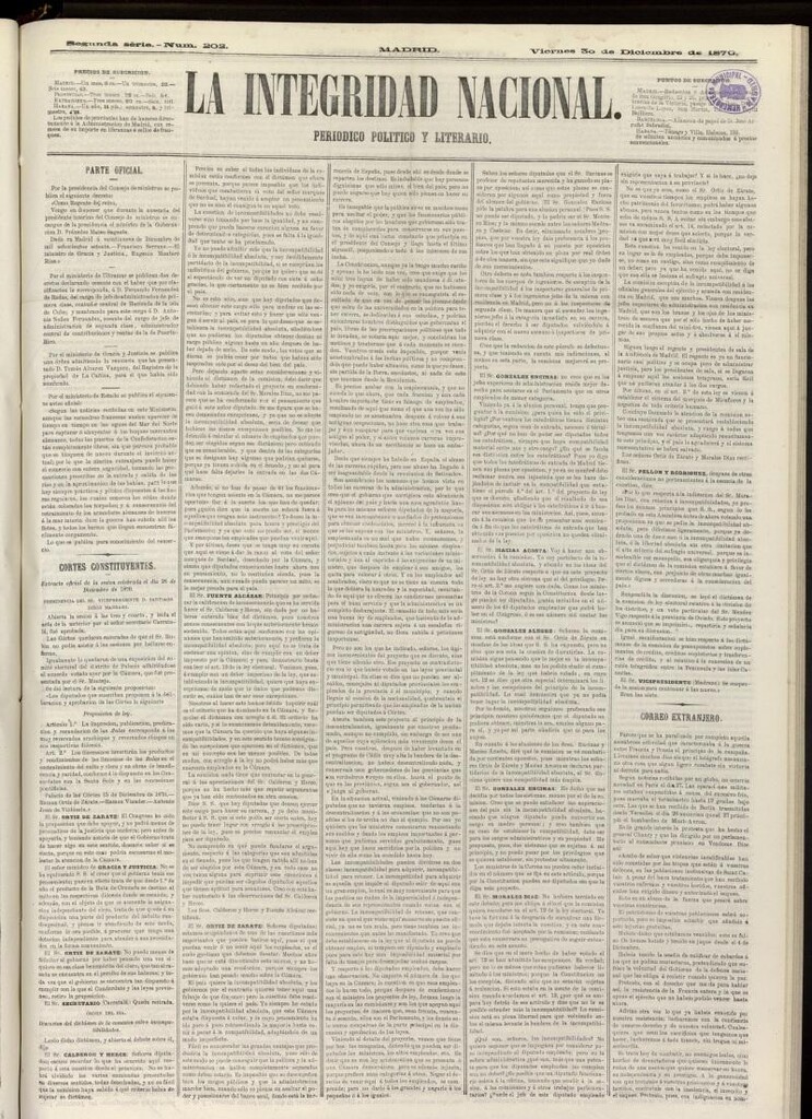 Miniatura de La Integridad Nacional: periódico político del 30 de diciembre de 1870, nº 202
