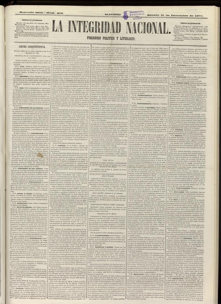 Miniatura de La Integridad Nacional: periódico político del 31 de diciembre de 1870, nº 203