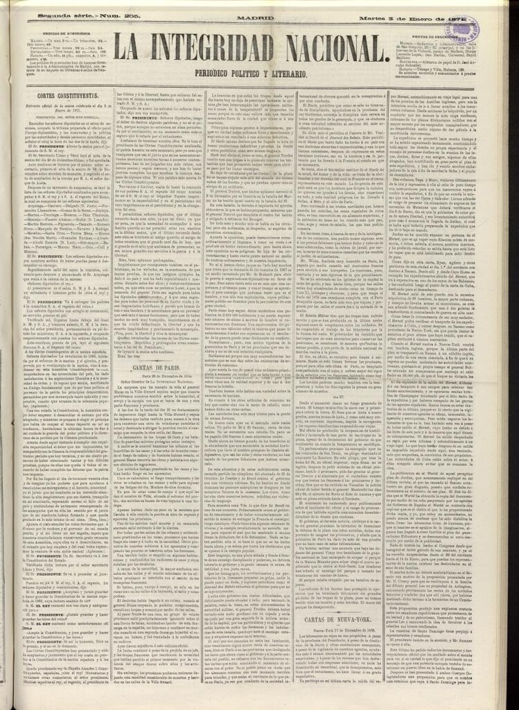 Miniatura de La Integridad Nacional: periódico político del 3 de enero de 1871, nº 205