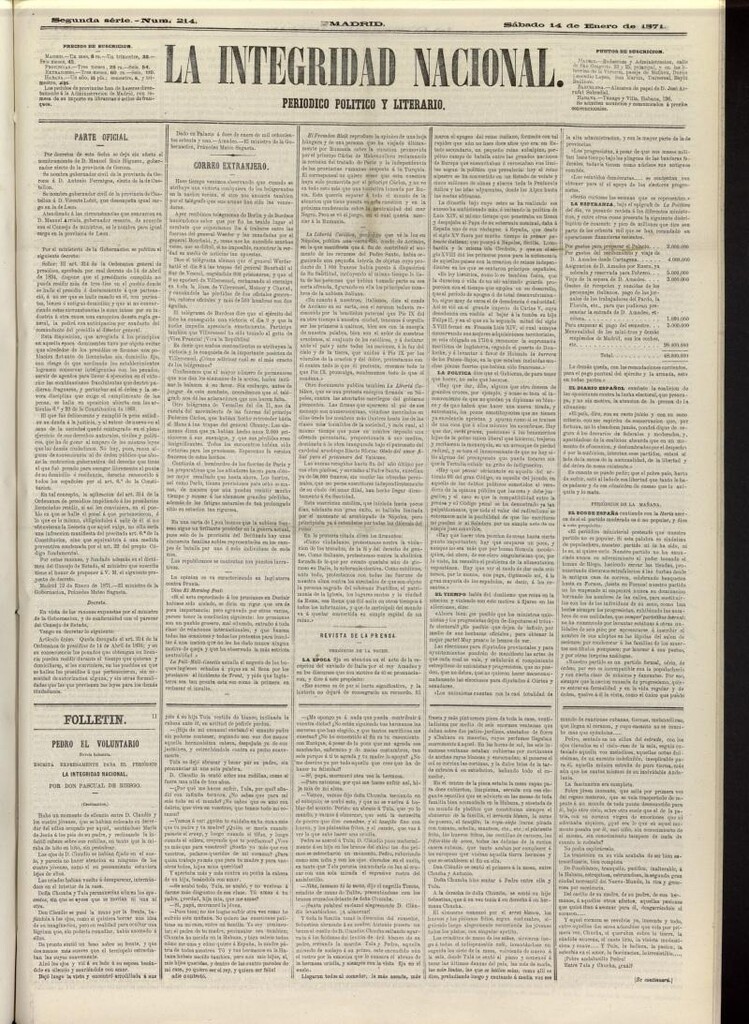 Miniatura de La Integridad Nacional: periódico político del 14 de enero de 1871, nº 214
