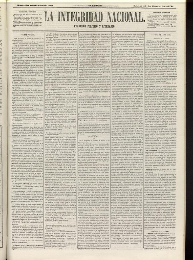 Miniatura de La Integridad Nacional: periódico político del 16 de enero de 1871, nº 215