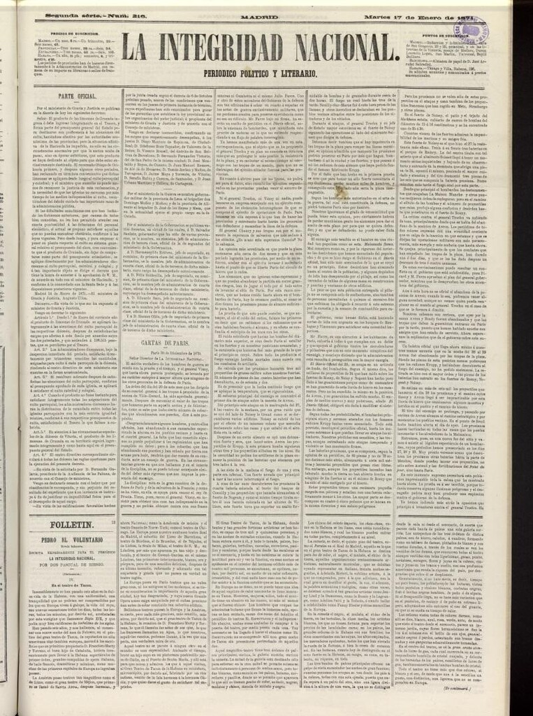 Miniatura de La Integridad Nacional: periódico político del 17 de enero de 1871, nº 216