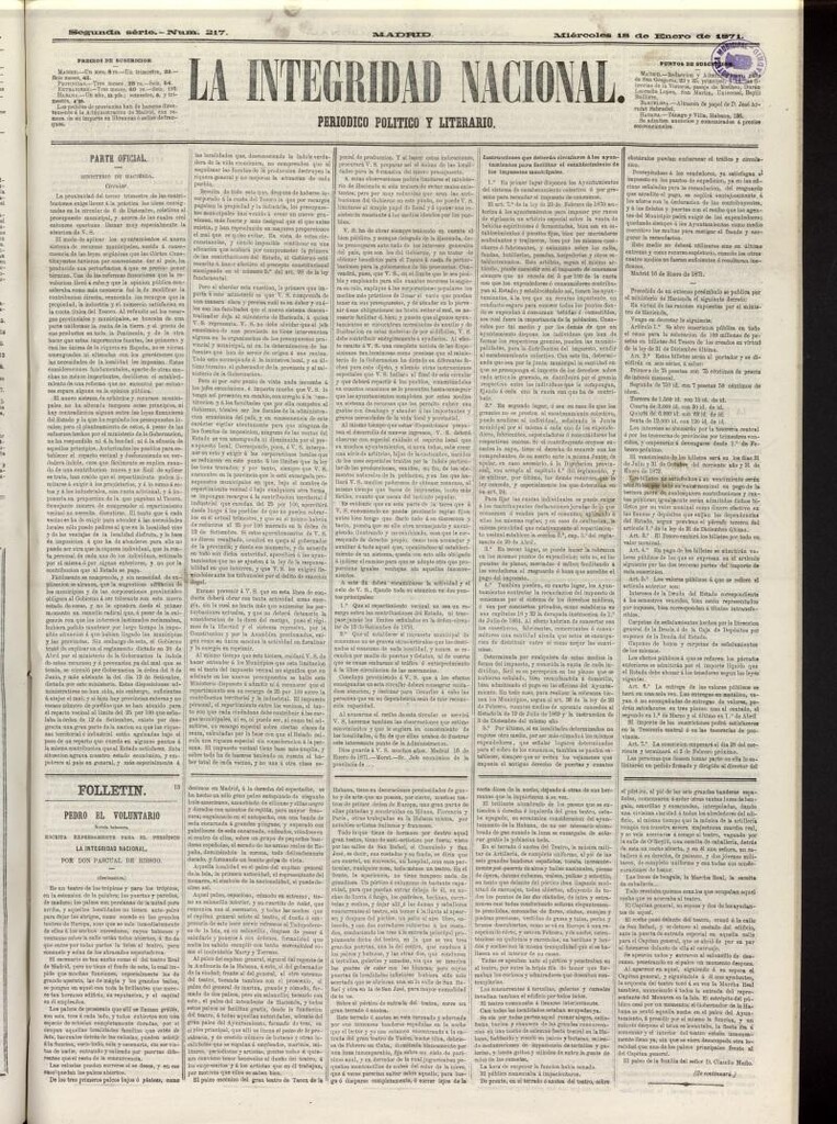 Miniatura de La Integridad Nacional: periódico político del 18 de enero de 1871, nº 217