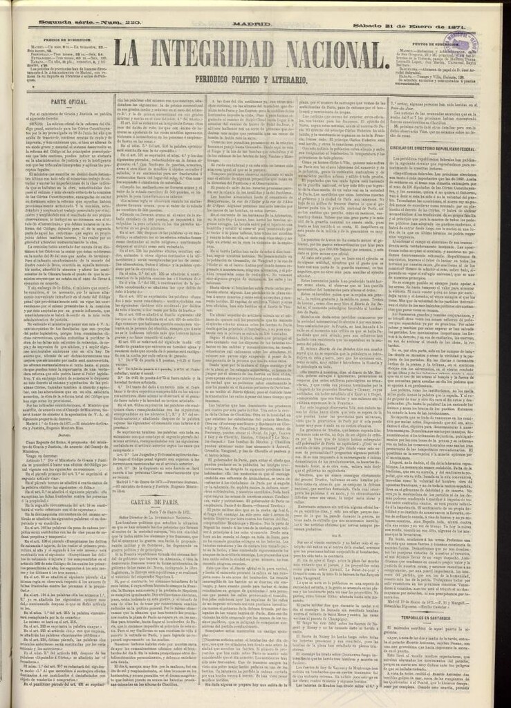 Miniatura de La Integridad Nacional: periódico político del 21 de enero de 1871, nº 220