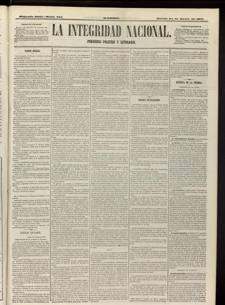 Miniatura de La Integridad Nacional: periódico político del 24 de enero de 1871, nº 222