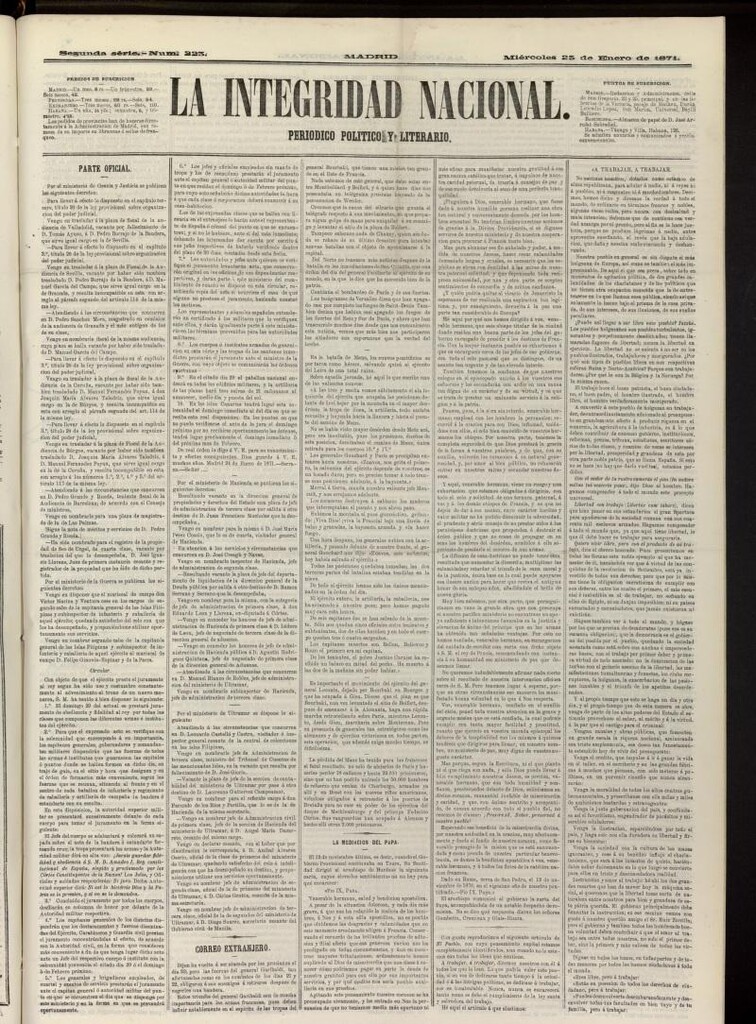 Miniatura de La Integridad Nacional: periódico político del 25 de enero de 1871, nº 223