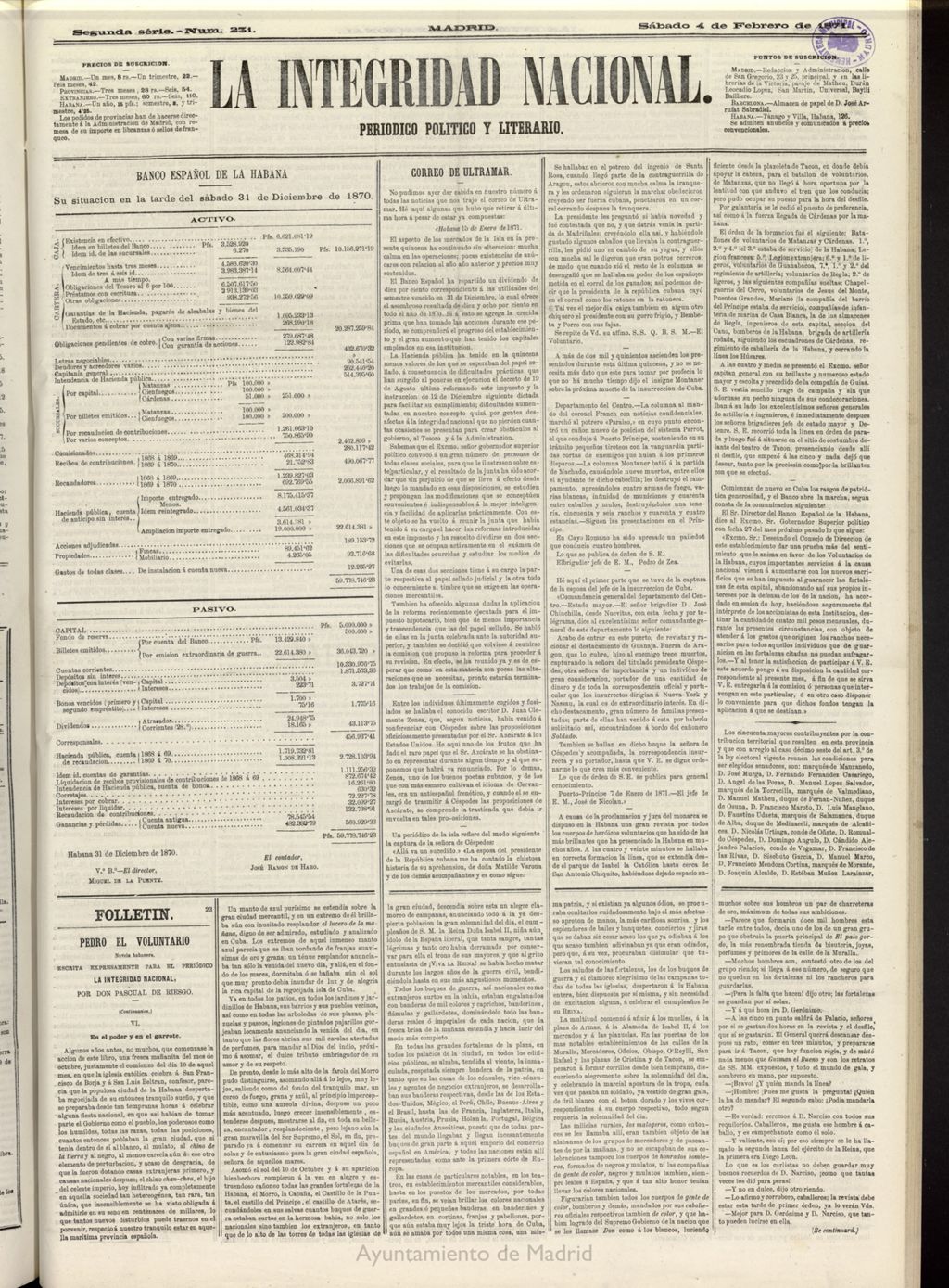 Miniatura de La Integridad Nacional: periódico político del 4 de febrero de 1871, nº 231
