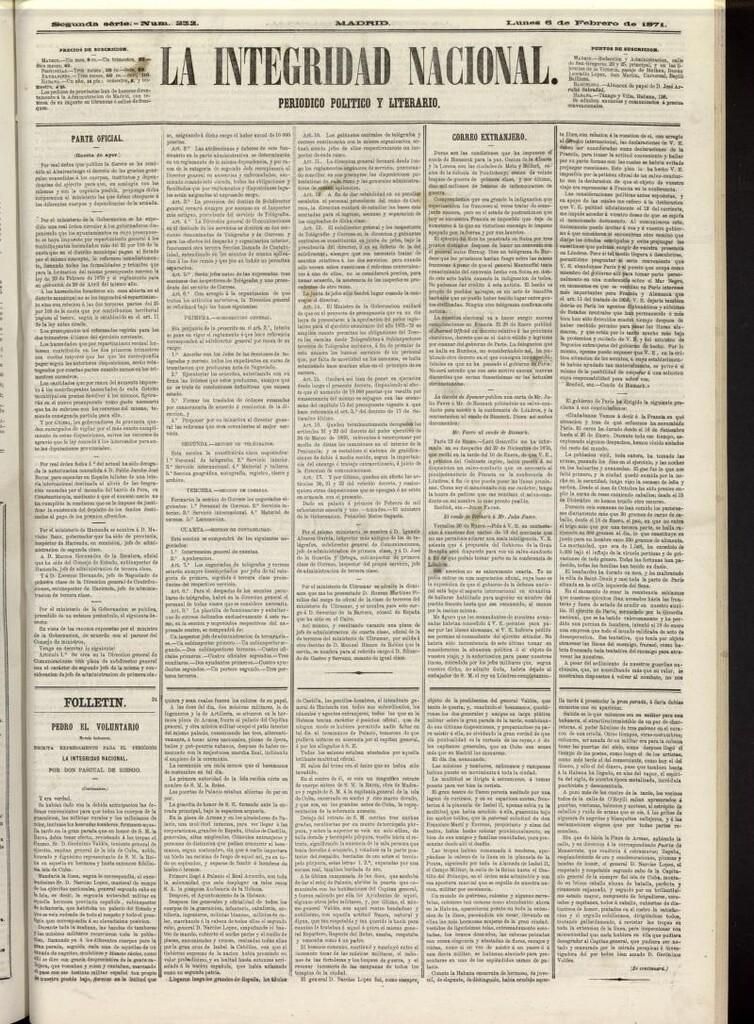 Miniatura de La Integridad Nacional: periódico político del 6 de febrero de 1871, nº 232