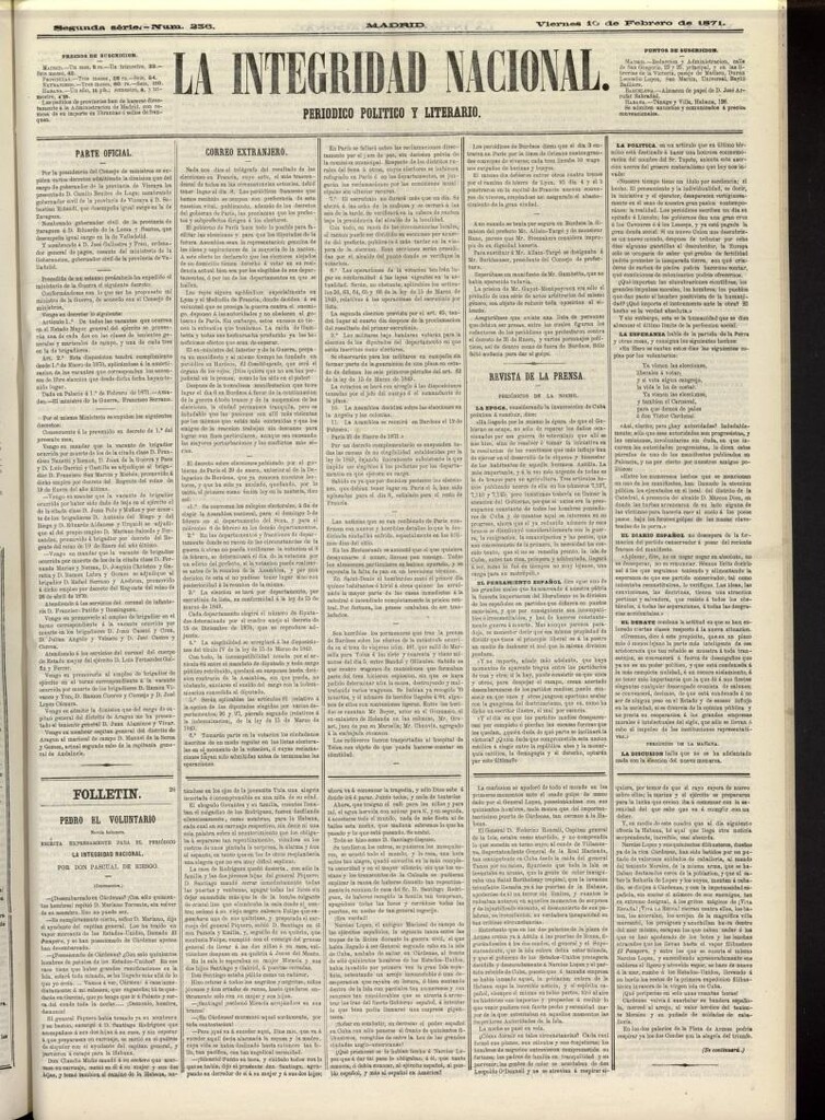 Miniatura de La Integridad Nacional: periódico político del 10 de febrero de 1871, nº 236