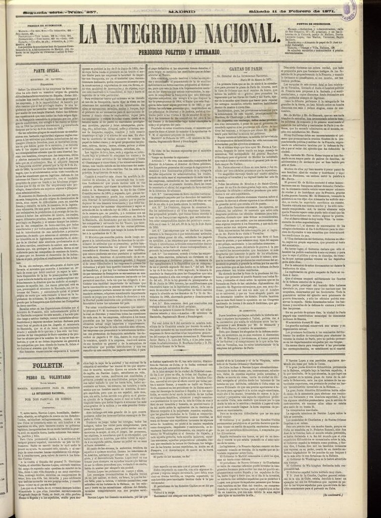 Miniatura de La Integridad Nacional: periódico político del 11 de febrero de 1871, nº 237