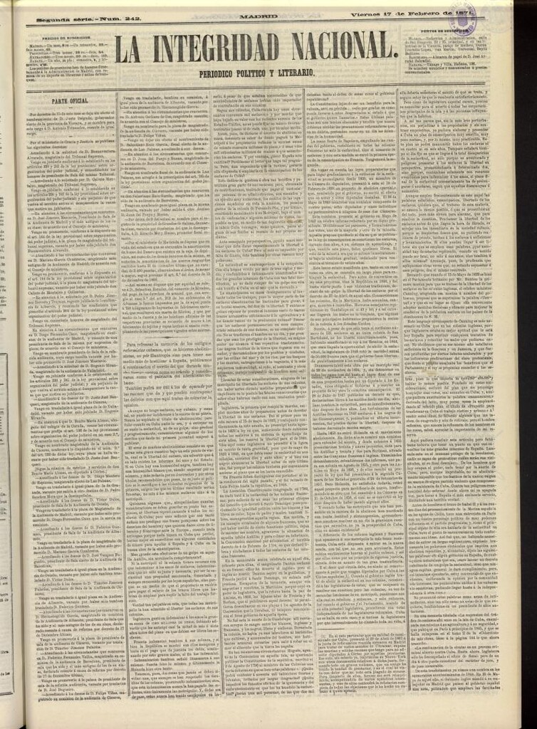 Miniatura de La Integridad Nacional: periódico político del 17 de febrero de 1871, nº 242