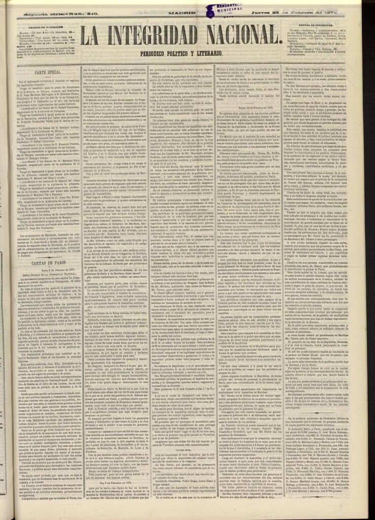 Miniatura de La Integridad Nacional: periódico político del 23 de febrero de 1871, nº 246