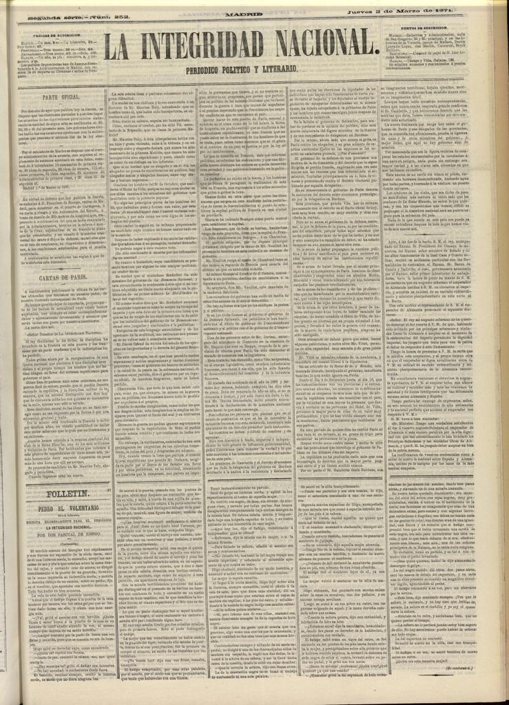 Miniatura de La Integridad Nacional: periódico político del 2 de marzo de 1871, nº 252