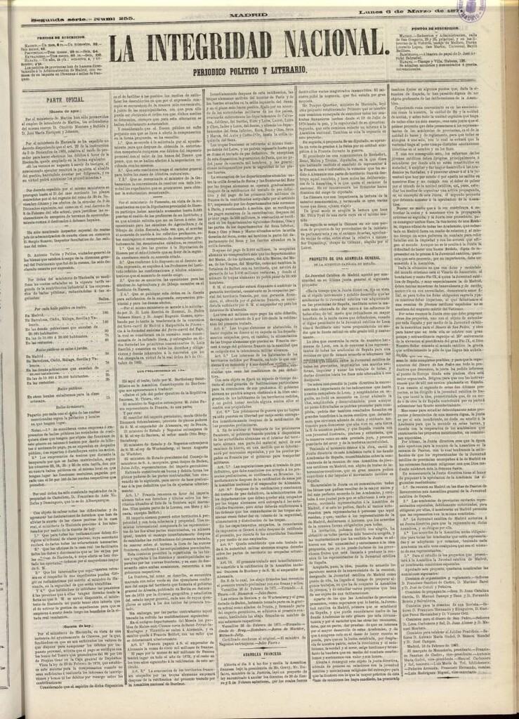 Miniatura de La Integridad Nacional: periódico político del 6 de marzo de 1871, nº 255