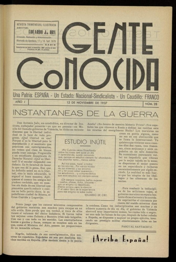 Miniatura de Gente Conocida : revista semanal ilustrada del 12 de noviembre de 1937, nº 28
