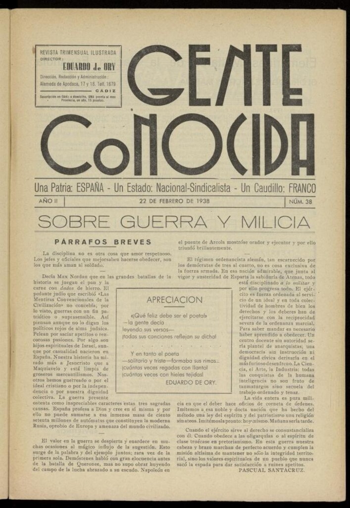 Miniatura de Gente Conocida : revista semanal ilustrada del 22 de febrero de 1938, nº 38