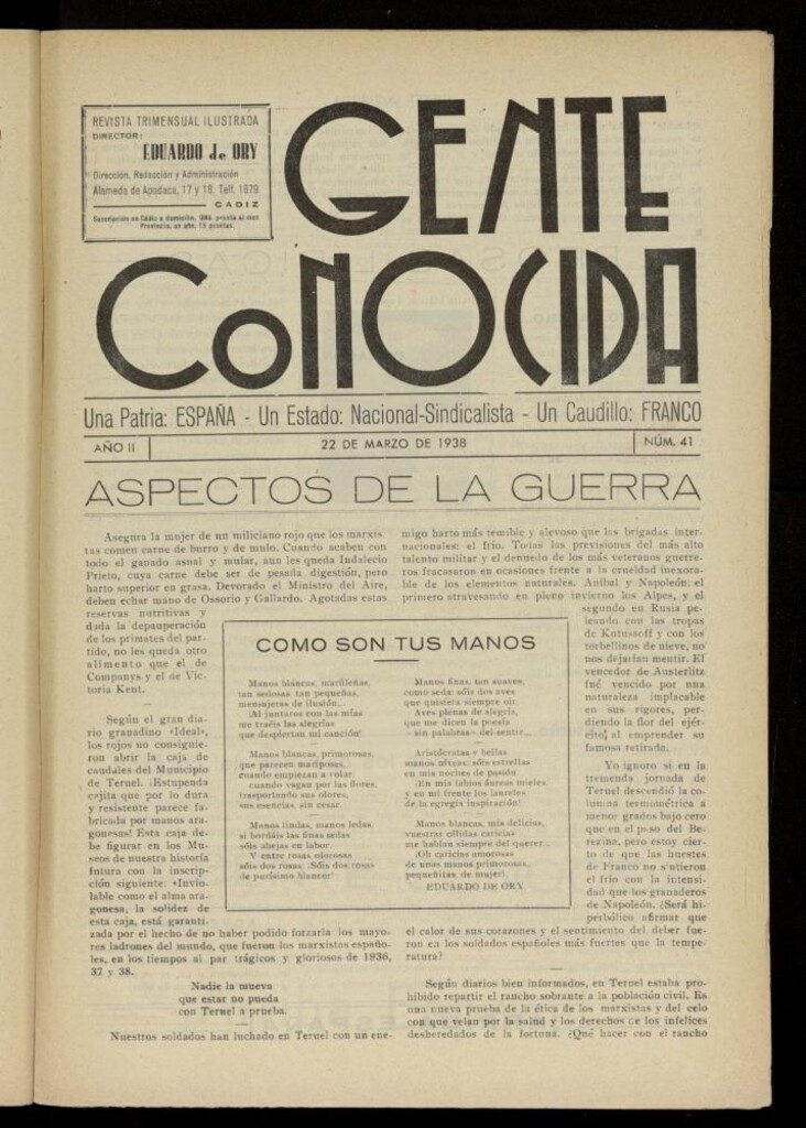 Miniatura de Gente Conocida : revista semanal ilustrada del 22 de marzo de 1938, nº 41