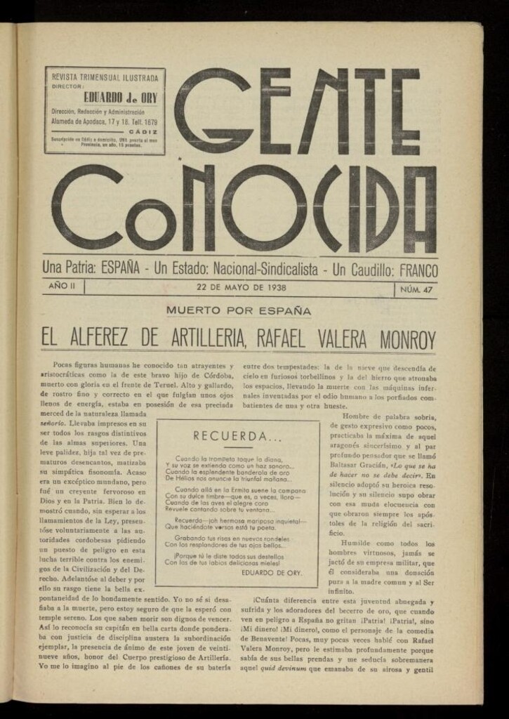 Miniatura de Gente Conocida : revista semanal ilustrada del 22 de mayo de 1938, nº 47