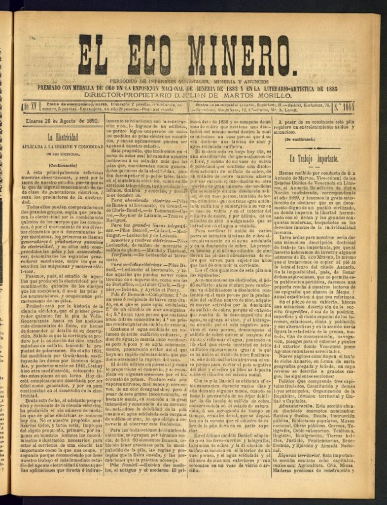 Miniatura de El Eco Minero : periódico bisemanal del 26 de agosto de 1890, nº 1044