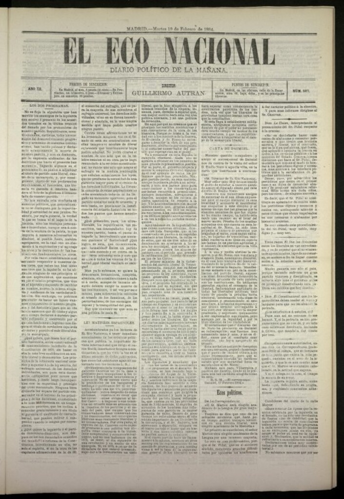 Miniatura de El Eco Nacional de 19 de febrero de 1884, nº 587