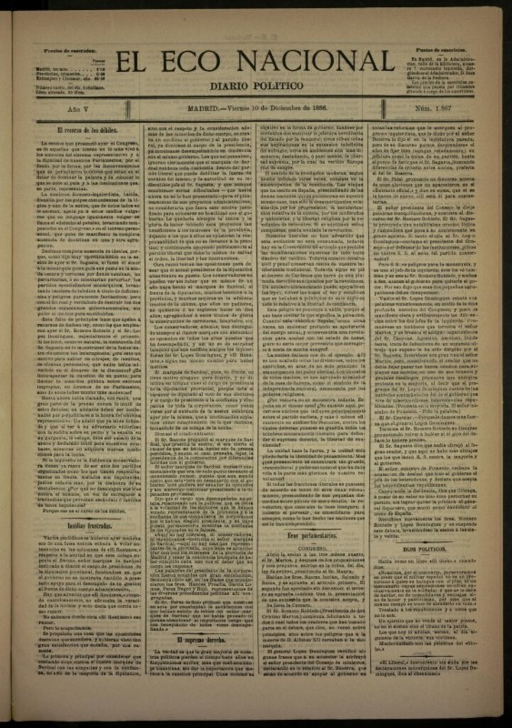 Miniatura de El Eco Nacional de 10 de diciembre de 1886, nº 1887