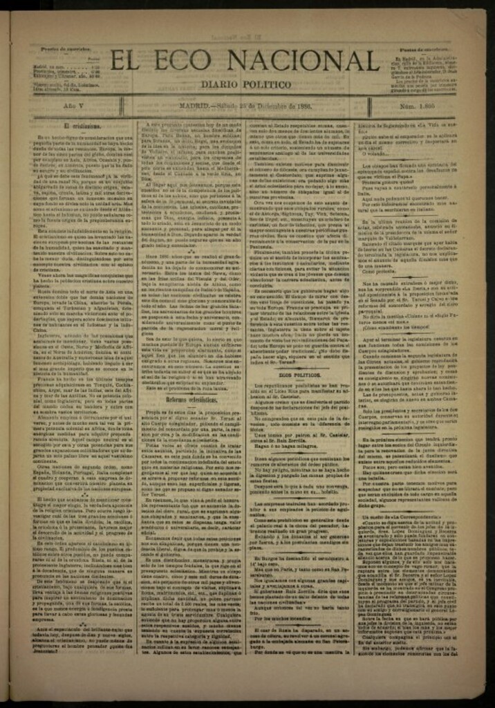 Miniatura de El Eco Nacional de 25 de diciembre de 1886, nº 1895