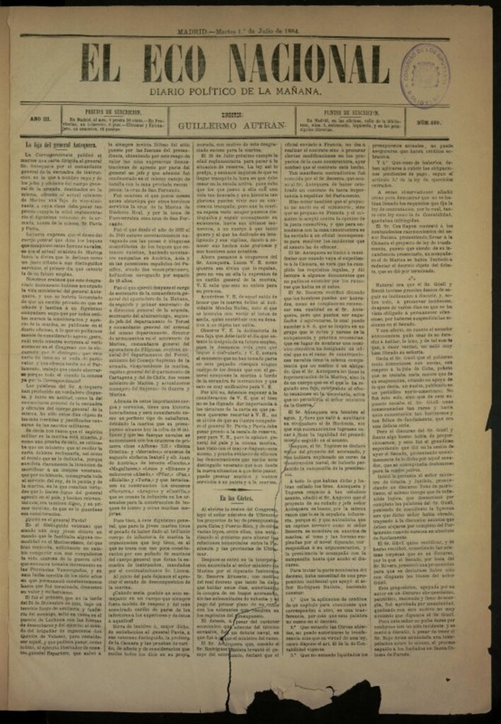 Miniatura de El Eco Nacional de 1 de julio de 1884, nº 689