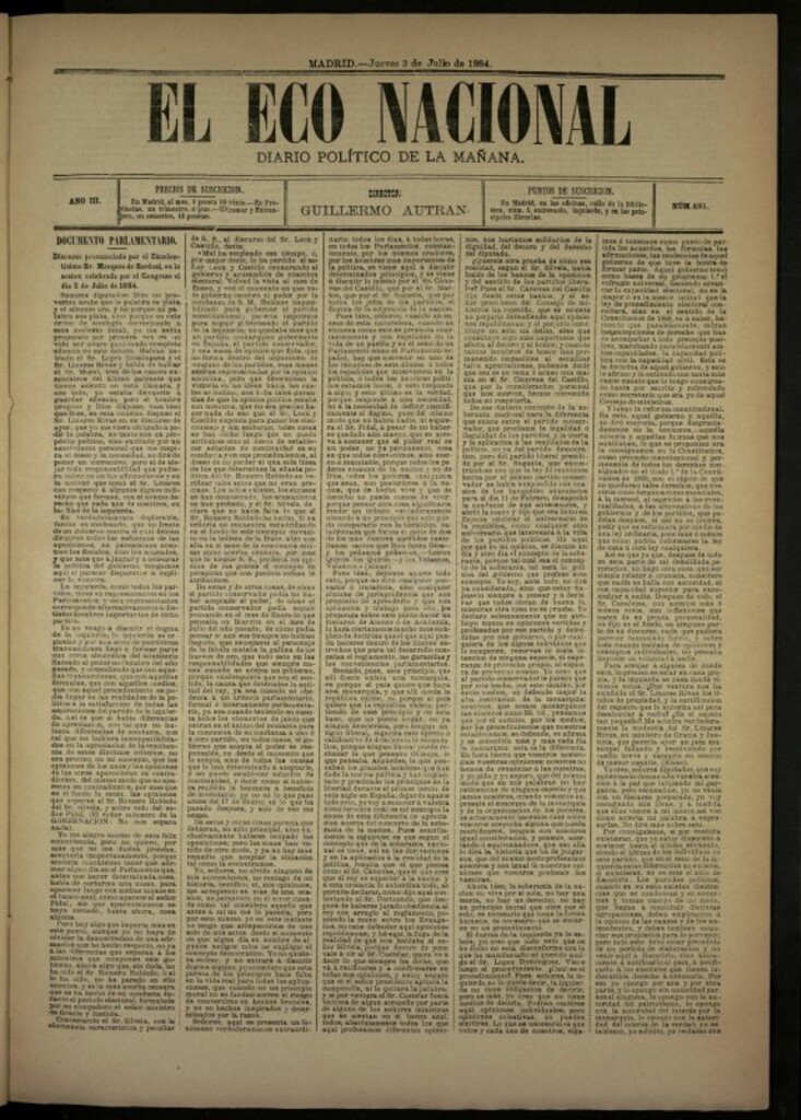 Miniatura de El Eco Naciolal de 3 de julio de 1884, nº 691