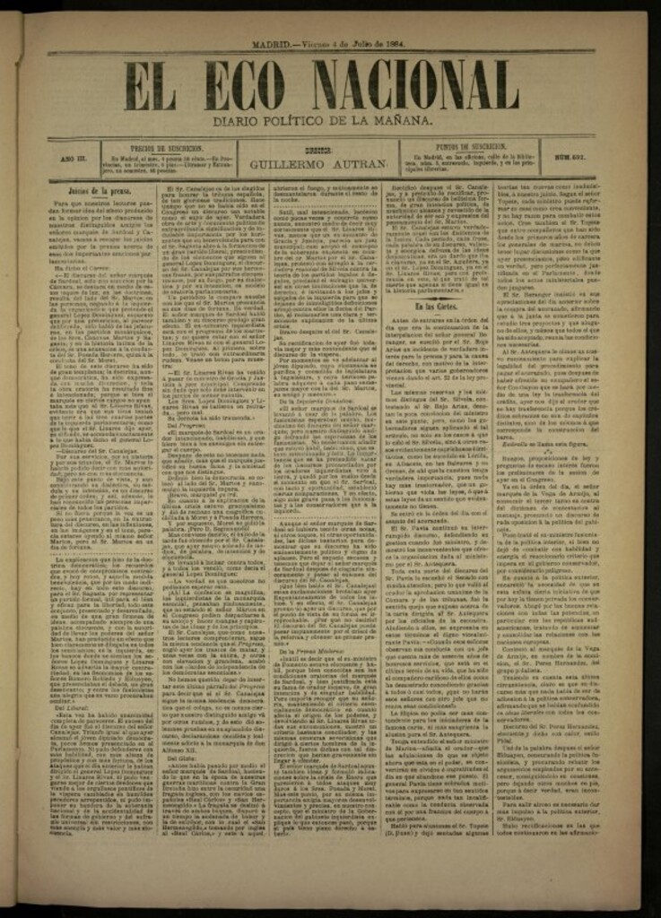 Miniatura de El Eco Nacional de 4 de julio de 1884, nº 692