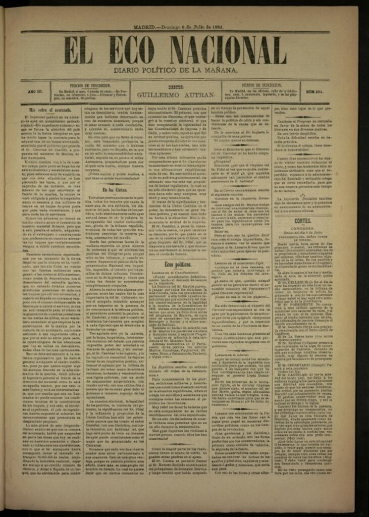 Miniatura de El Eco Nacional de 6 de julio de 1884, nº 694