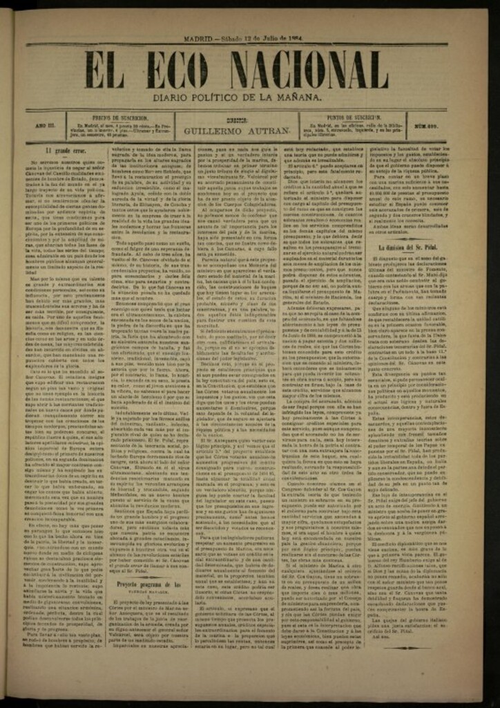 Miniatura de El Eco Nacional de 12 de julio de 1884, nº 699